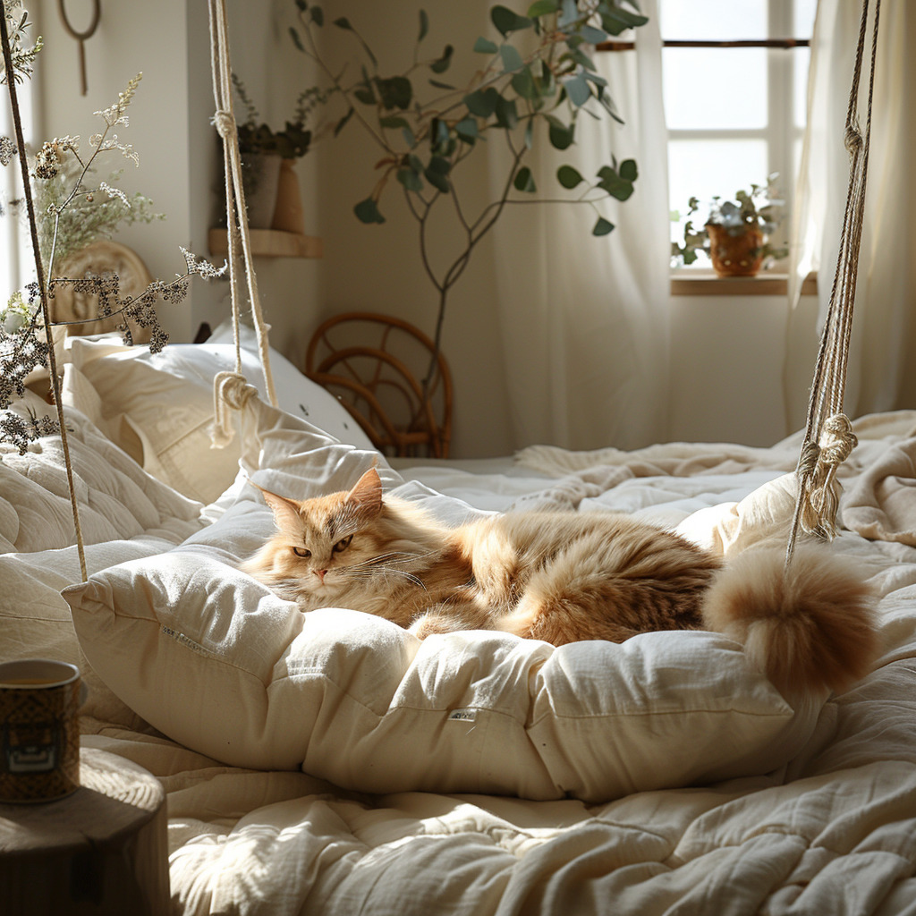 A fluffy orange cat lounging on a sagging, suspended cushion bed in a sunlit bedroom.